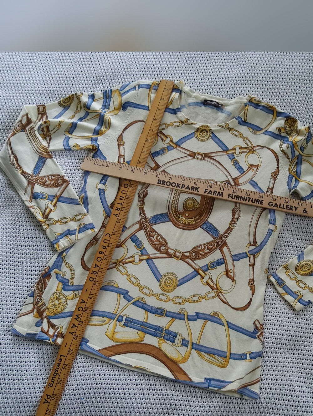 J. McLaughlin Cream, Blue & Gold Equestrian Chain-Print Sweater